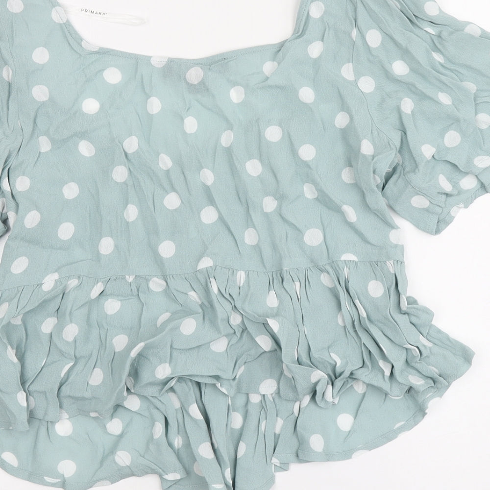 Primark Womens Blue Polka Dot Viscose Basic Blouse Size 14 Round Neck