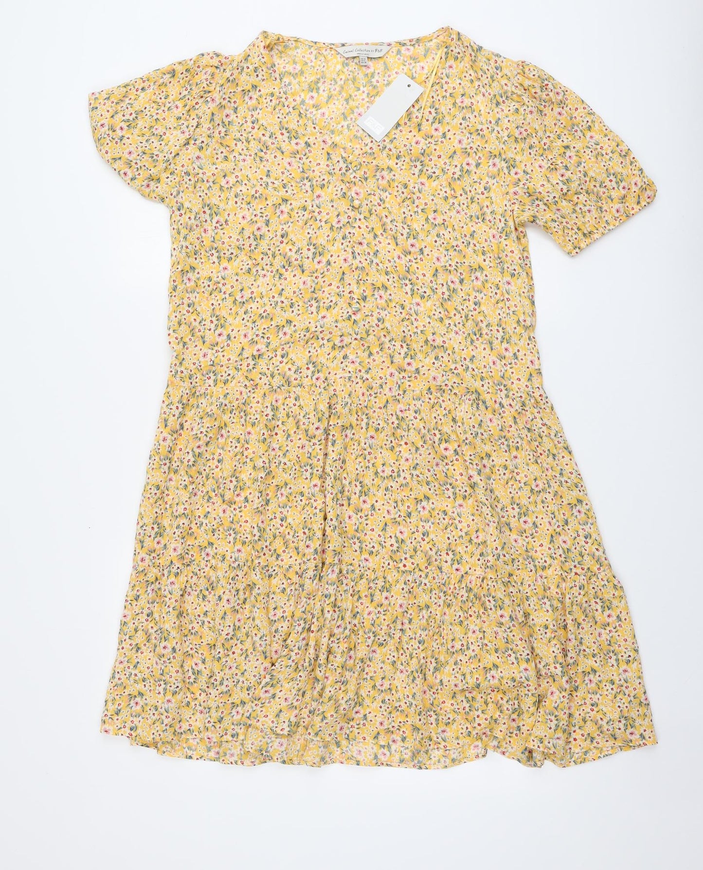 F&F Womens Yellow Floral Polyester Trapeze & Swing Size 10 V-Neck
