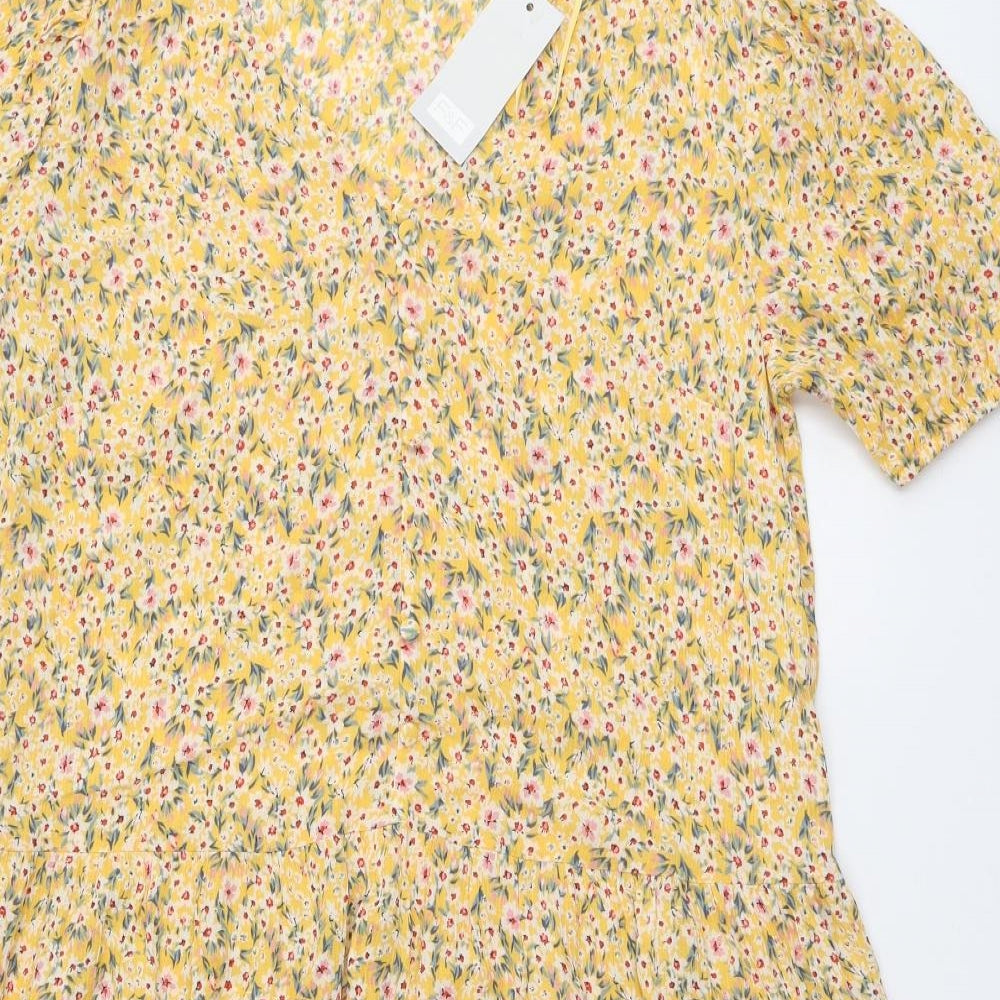 F&F Womens Yellow Floral Polyester Trapeze & Swing Size 10 V-Neck