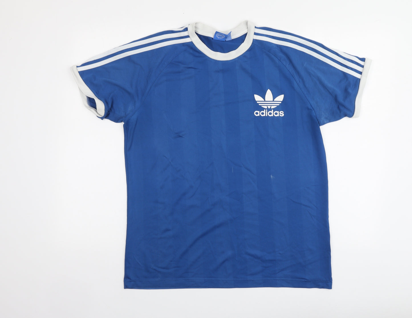 adidas Mens Blue Striped Polyester T-Shirt Size M Round Neck