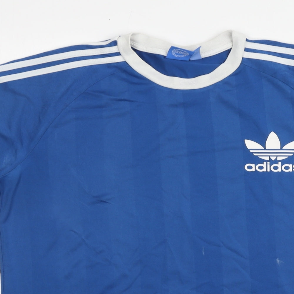 adidas Mens Blue Striped Polyester T-Shirt Size M Round Neck