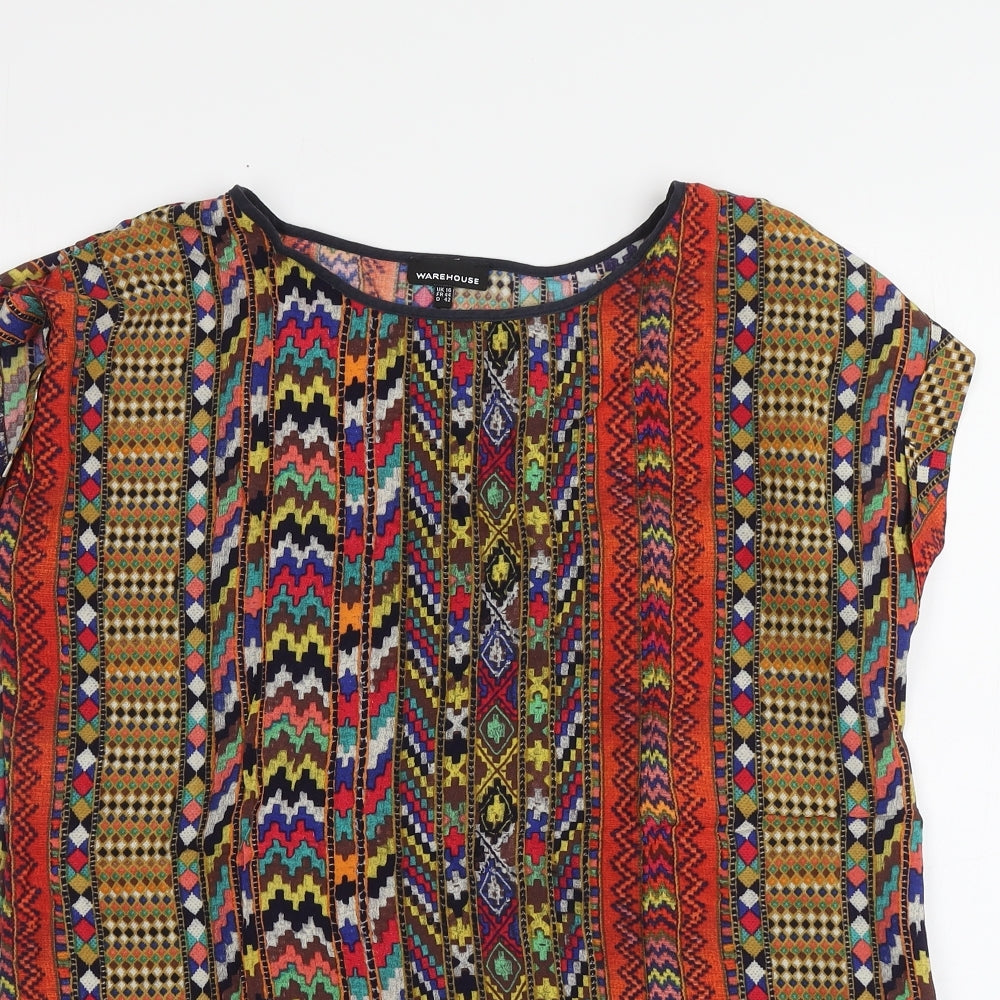 Warehouse Womens Multicoloured Geometric Viscose Basic T-Shirt Size 16 Round Neck