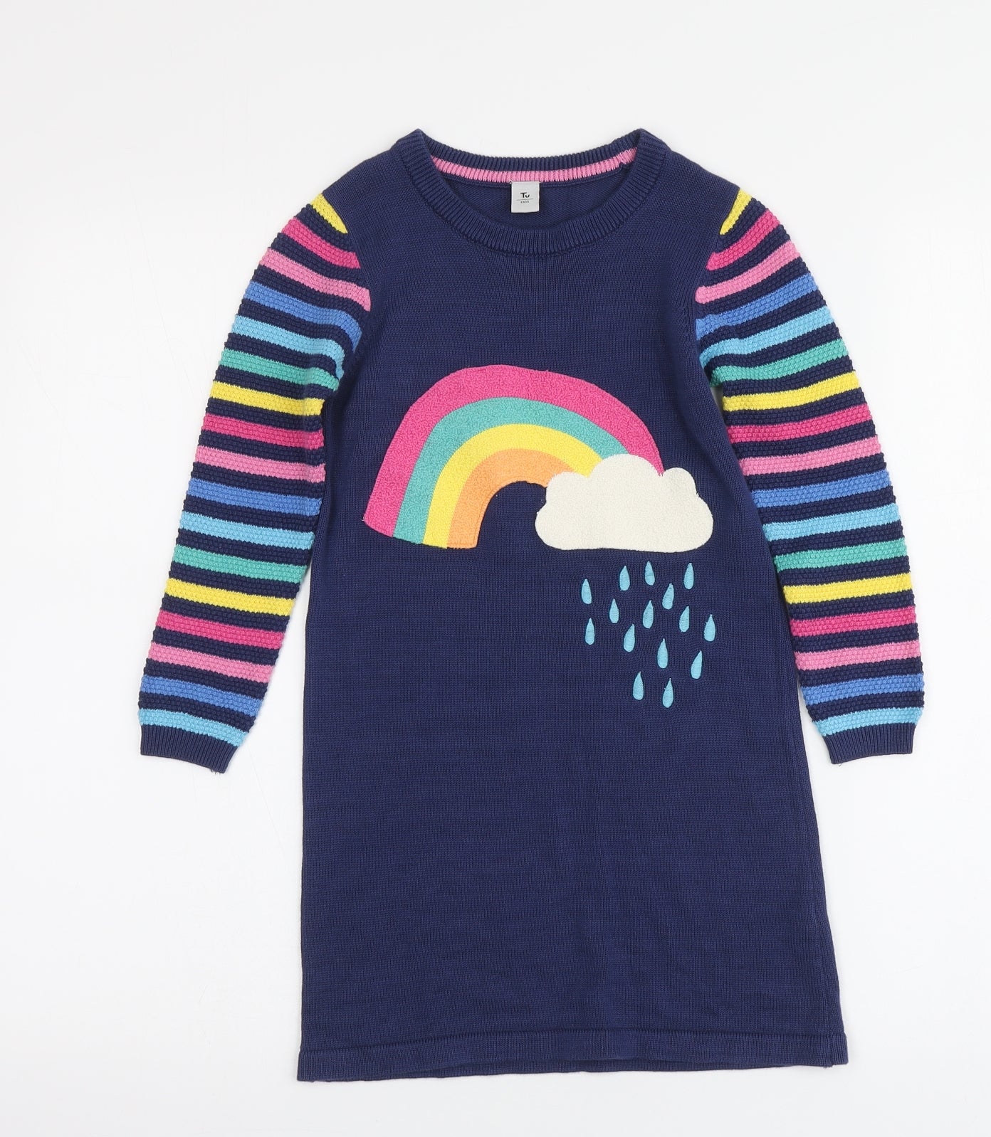TU Girls Blue Striped Cotton Jumper Dress Size 4-5 Years Round Neck - Rainbow Print
