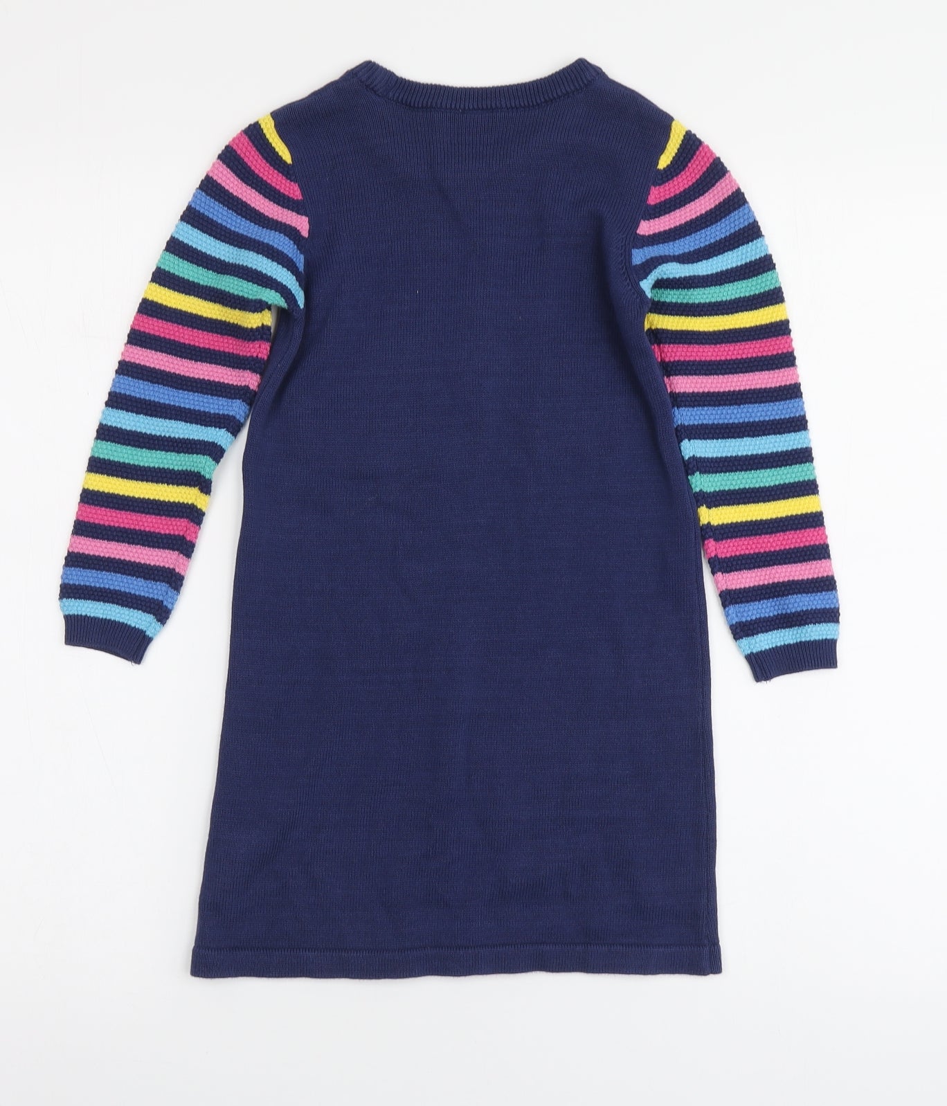 TU Girls Blue Striped Cotton Jumper Dress Size 4-5 Years Round Neck - Rainbow Print
