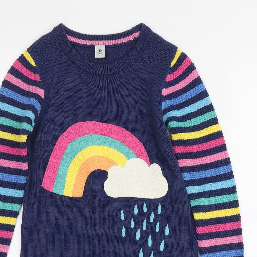 TU Girls Blue Striped Cotton Jumper Dress Size 4-5 Years Round Neck - Rainbow Print