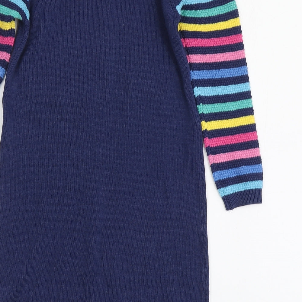 TU Girls Blue Striped Cotton Jumper Dress Size 4-5 Years Round Neck - Rainbow Print