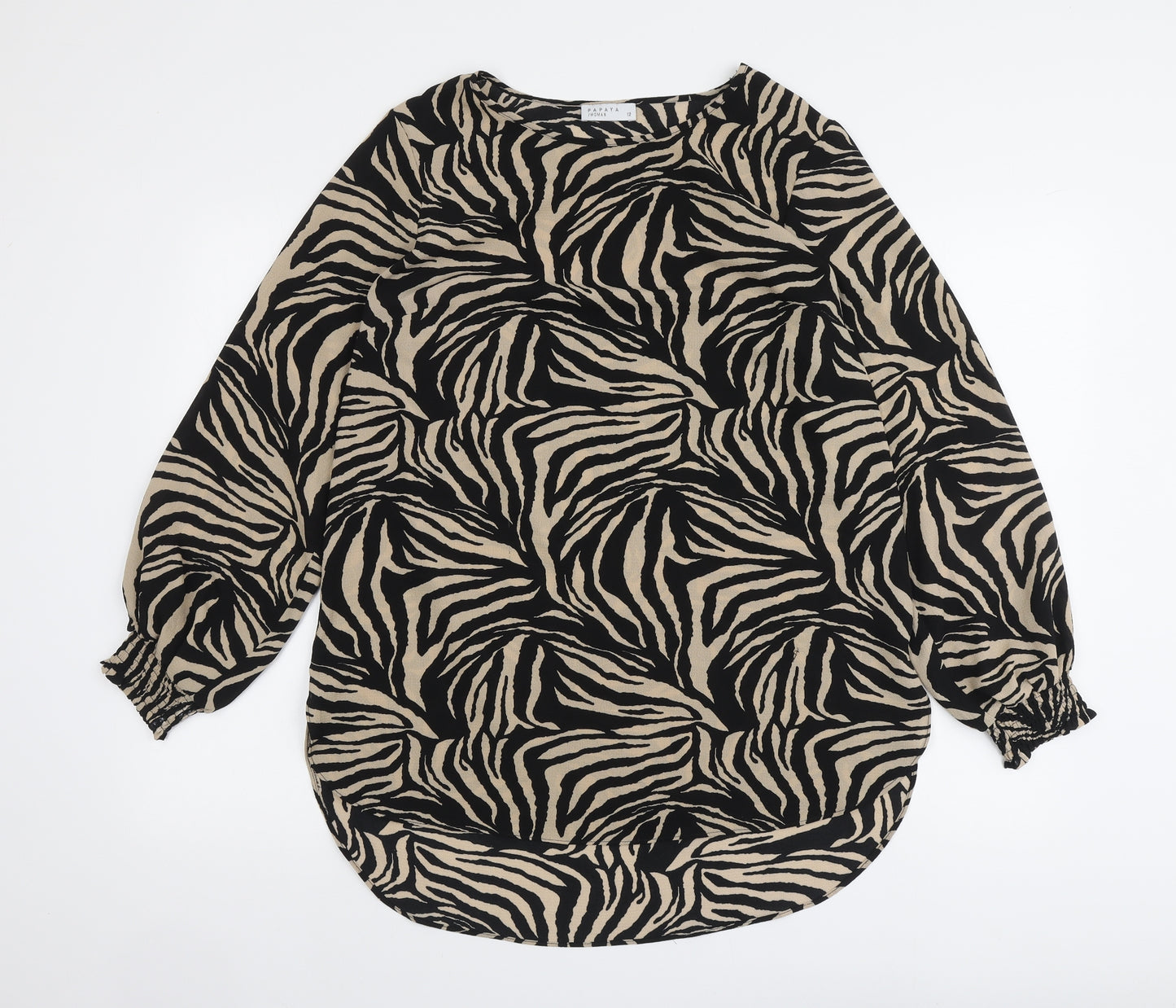 Papaya Womens Beige Animal Print Polyester Basic Blouse Size 12 Round Neck