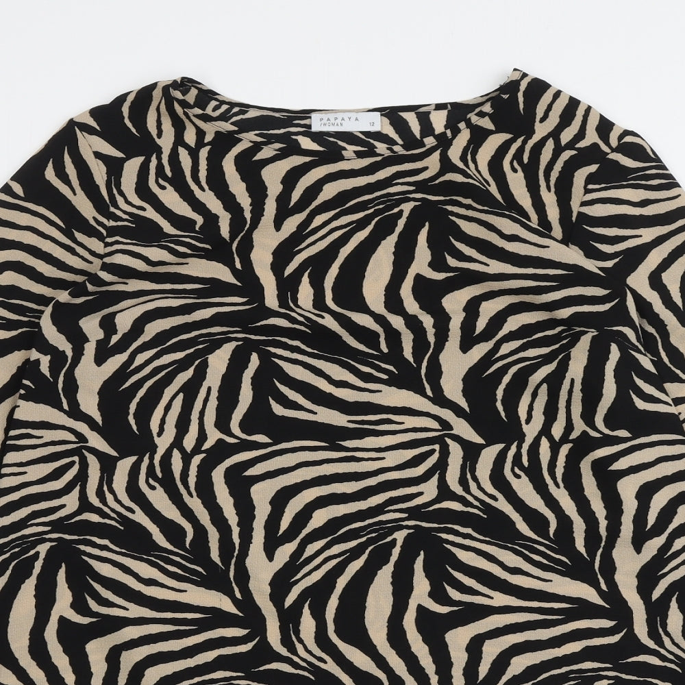 Papaya Womens Beige Animal Print Polyester Basic Blouse Size 12 Round Neck