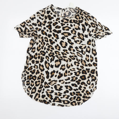 H&M Womens Beige Animal Print Viscose Basic Blouse Size M Round Neck