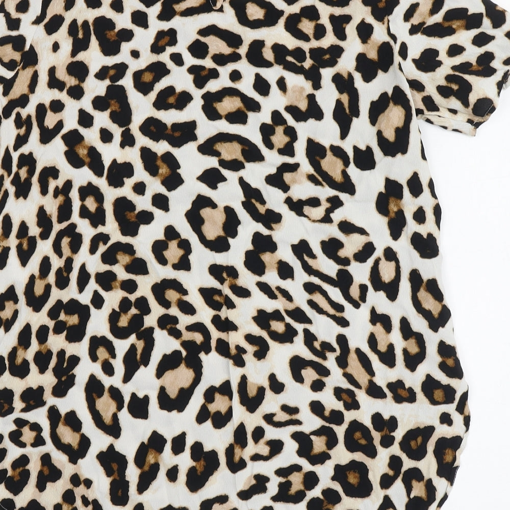 H&M Womens Beige Animal Print Viscose Basic Blouse Size M Round Neck