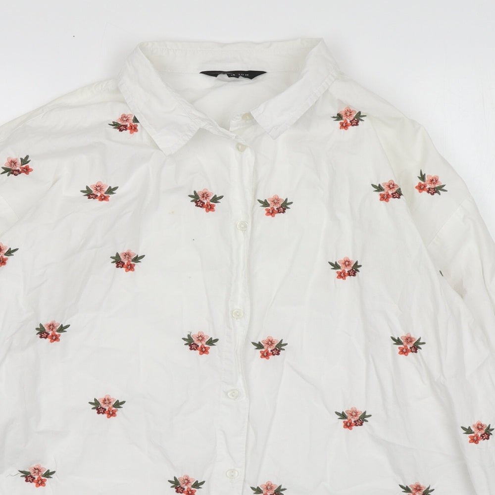 New Look Womens White Floral Cotton Basic Button-Up Size 14 Collared