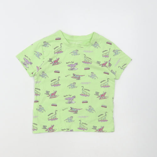 Primark Boys Green Cotton Basic T-Shirt Size 2-3 Years Round Neck Pullover - Dinosaur Print
