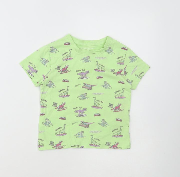 Primark Boys Green Cotton Basic T-Shirt Size 2-3 Years Round Neck Pullover - Dinosaur Print