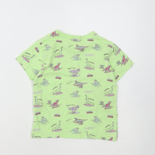 Primark Boys Green Cotton Basic T-Shirt Size 2-3 Years Round Neck Pullover - Dinosaur Print