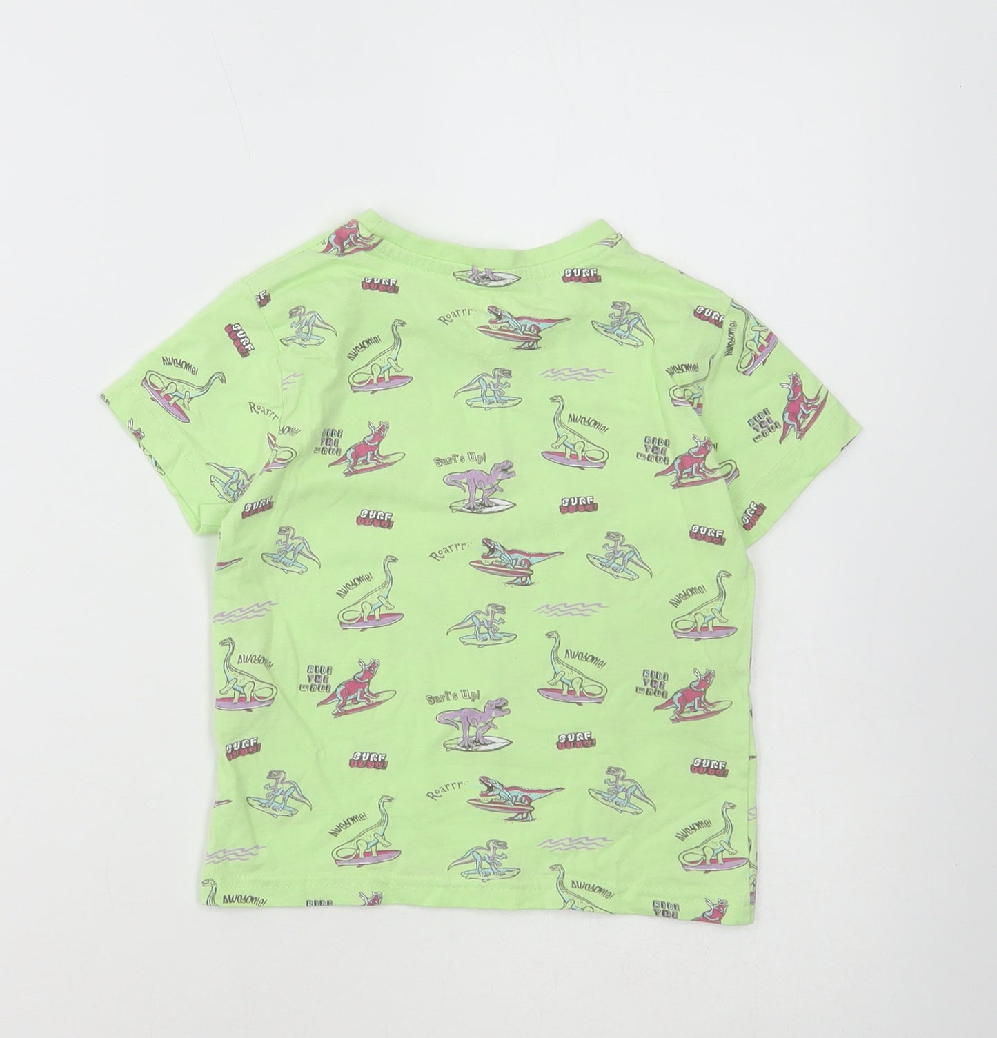 Primark Boys Green Cotton Basic T-Shirt Size 2-3 Years Round Neck Pullover - Dinosaur Print