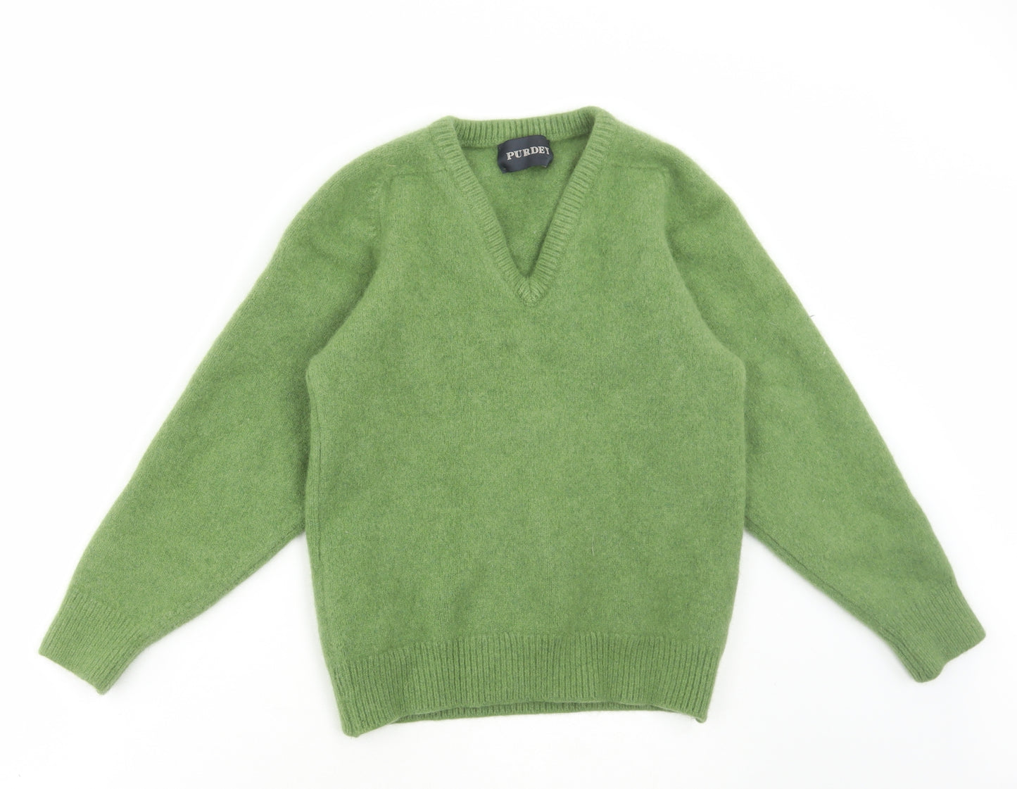 Purdey Womens Green V-Neck Wool Pullover Jumper Size XS