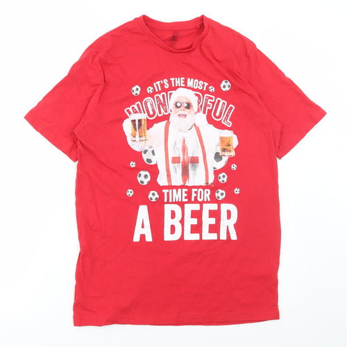 Preworn Mens Red Cotton T-Shirt Size M Round Neck - Most wonderful time for a beer Christmas