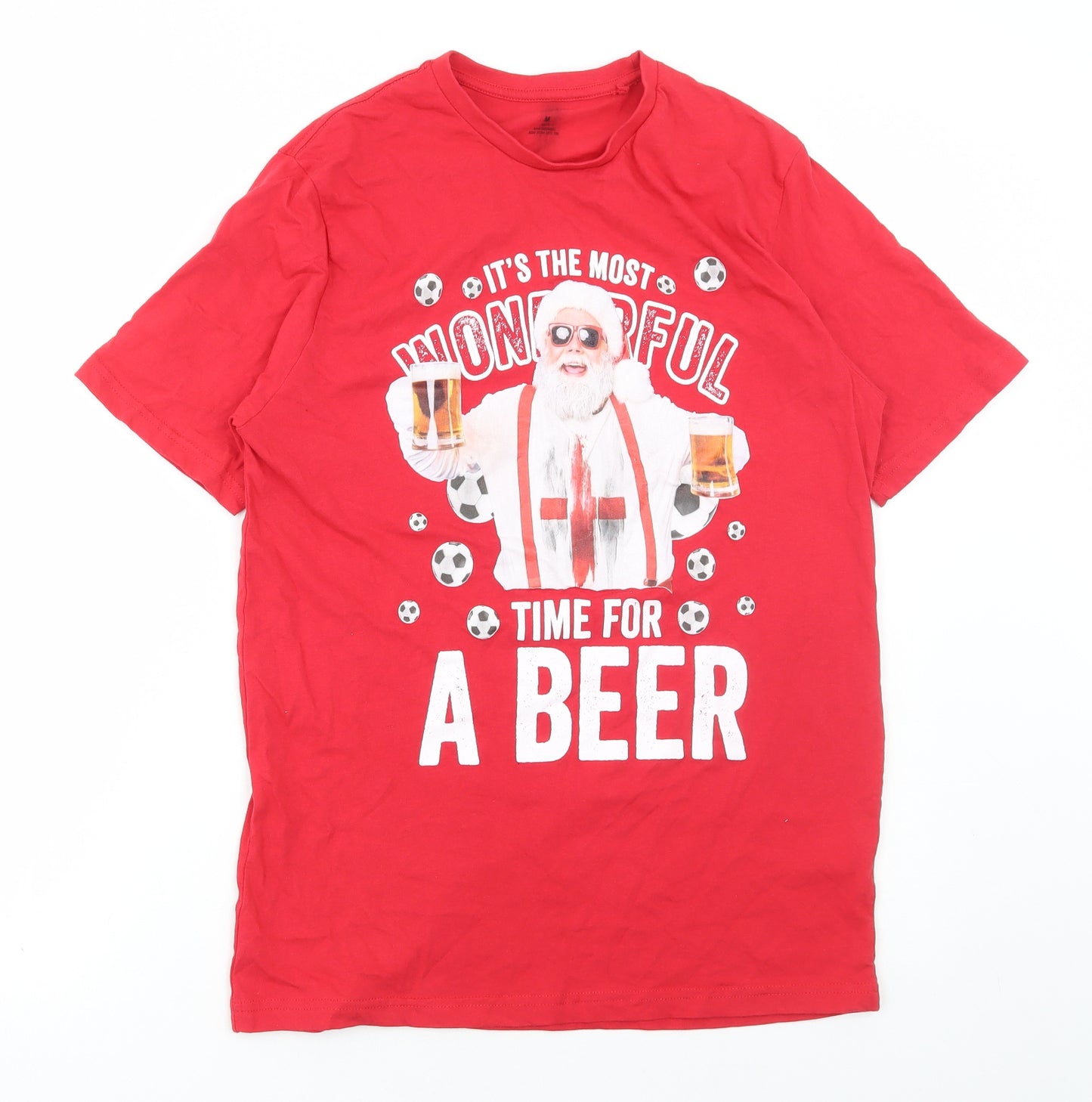 Preworn Mens Red Cotton T-Shirt Size M Round Neck - Most wonderful time for a beer Christmas