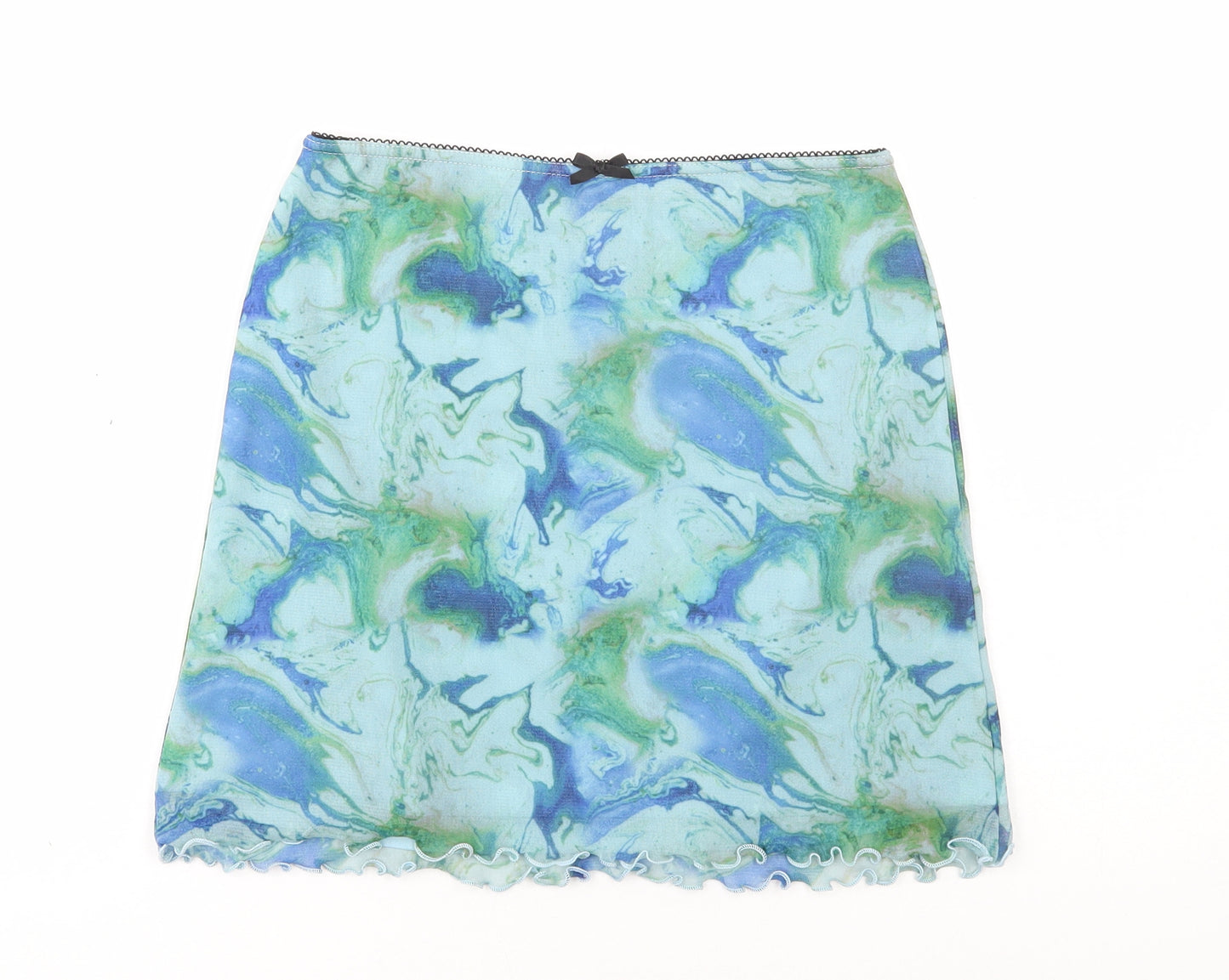 Urban Outfitters Womens Blue Nylon A-Line Skirt Size S - Marble Effect Lettuce Hem