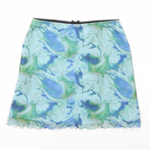 Urban Outfitters Womens Blue Nylon A-Line Skirt Size S - Marble Effect Lettuce Hem