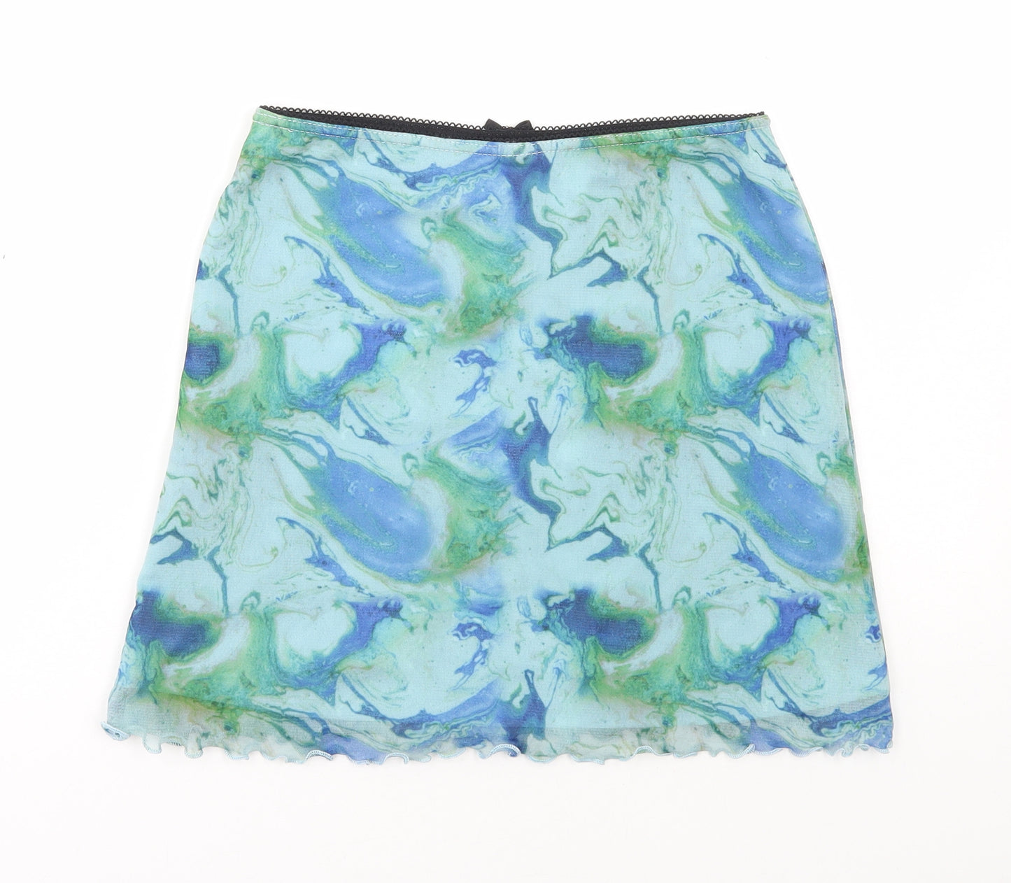 Urban Outfitters Womens Blue Nylon A-Line Skirt Size S - Marble Effect Lettuce Hem