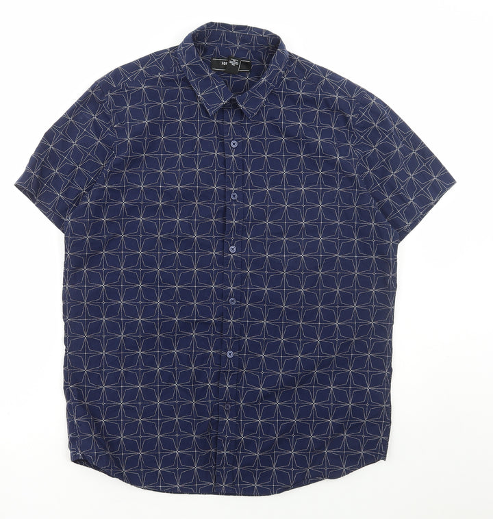 FOREVER 21 Mens Blue Geometric Cotton Button-Up Size L Collared Button