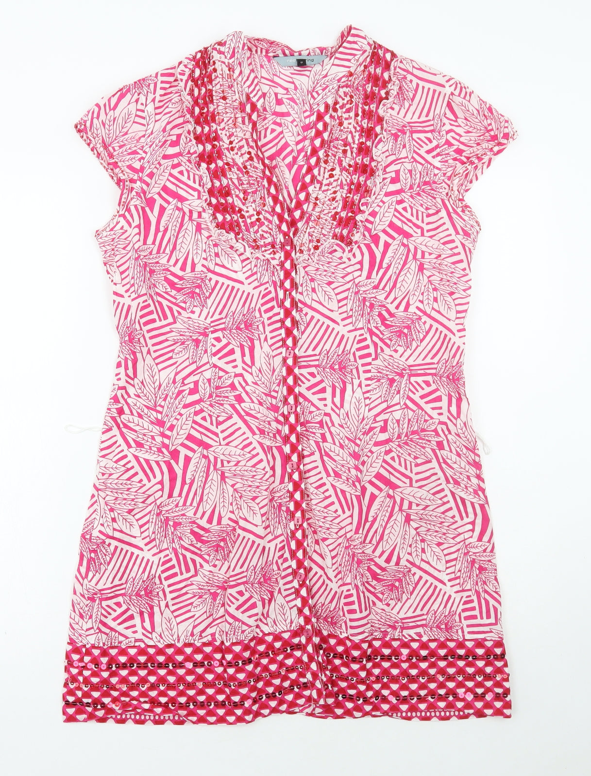 Debenhams Womens Pink Geometric Cotton A-Line Size 12 V-Neck Button