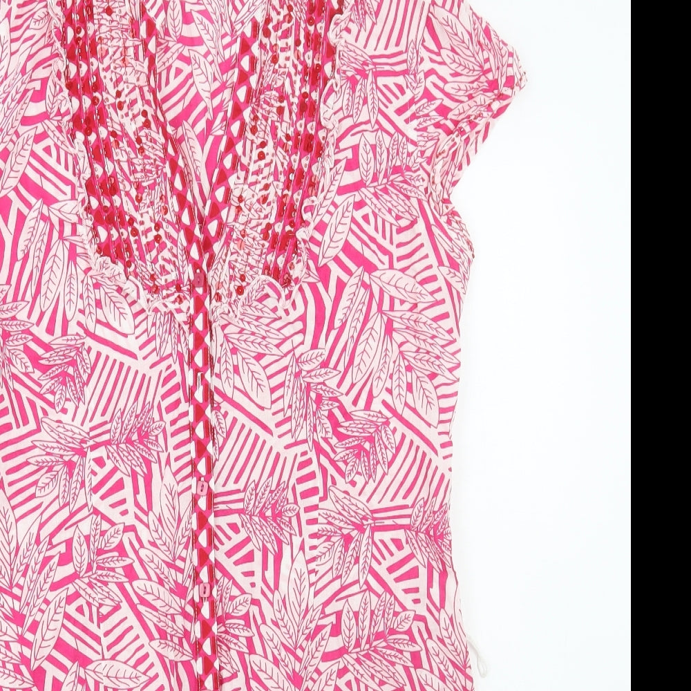 Debenhams Womens Pink Geometric Cotton A-Line Size 12 V-Neck Button