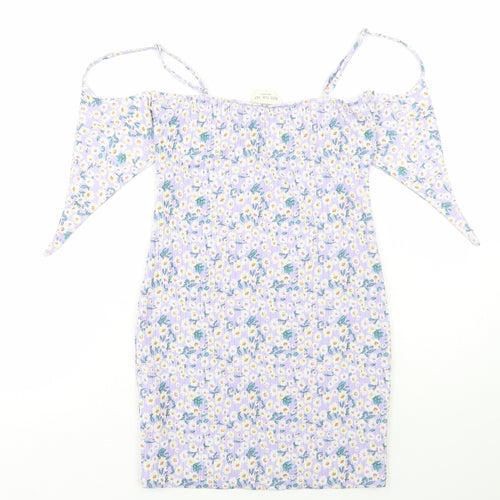 Kiss the Sky Womens Purple Floral Polyester Bodycon Size L Square Neck Pullover