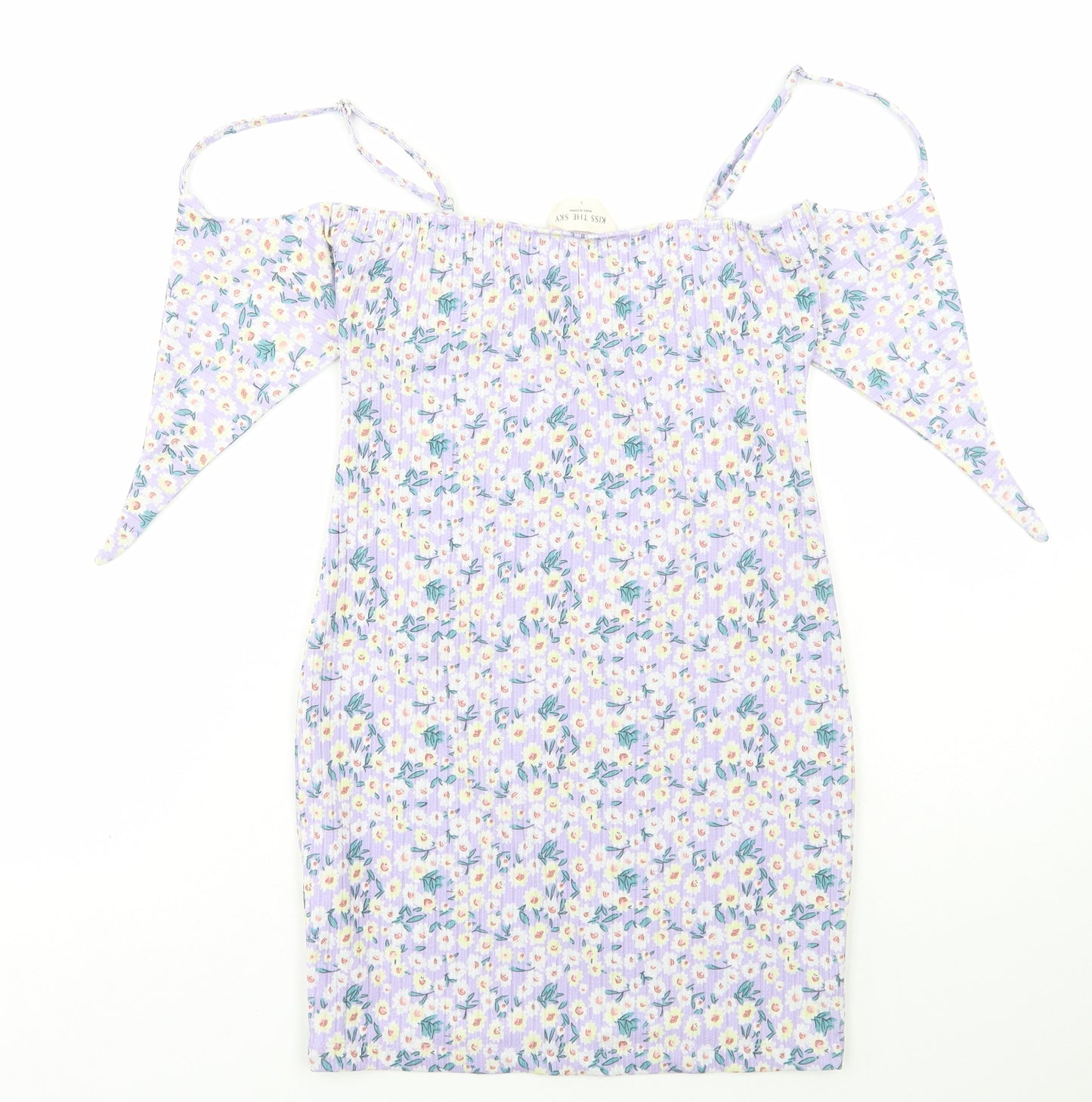 Kiss the Sky Womens Purple Floral Polyester Bodycon Size L Square Neck Pullover