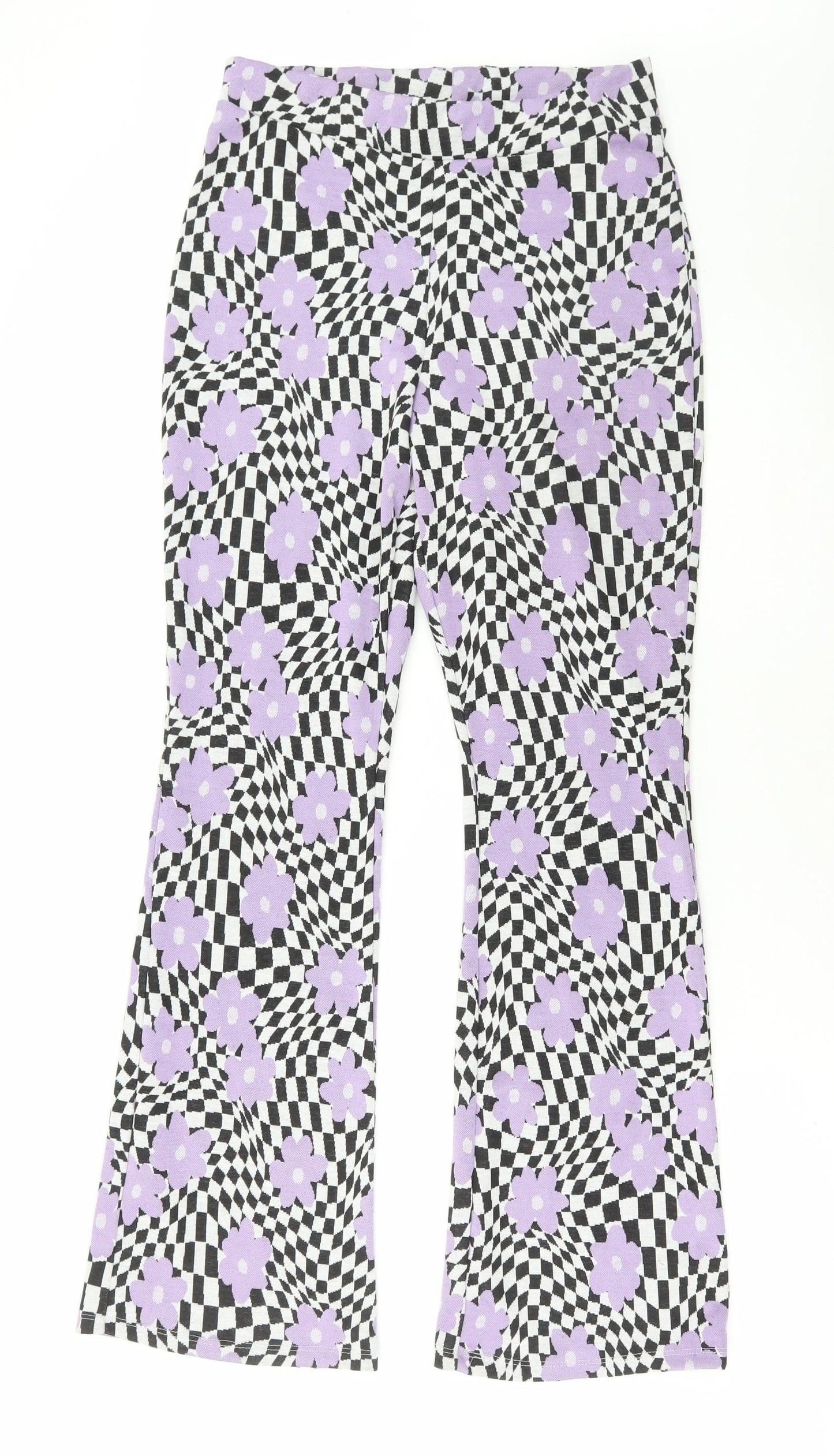 Primark Womens Purple Check Polyester Trousers Size S L32 in Regular - Flowers