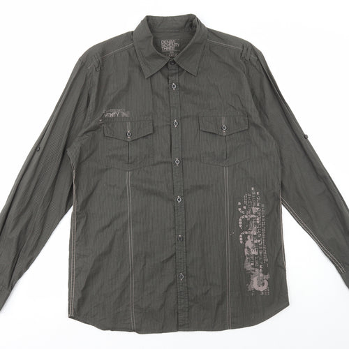 Matalan Mens Green Striped Cotton Button-Up Size L Collared Button