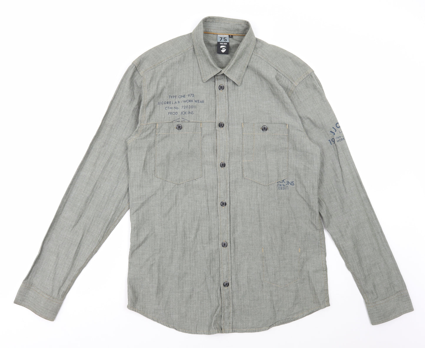 JACK & JONES Mens Green Cotton Button-Up Size L Collared Button