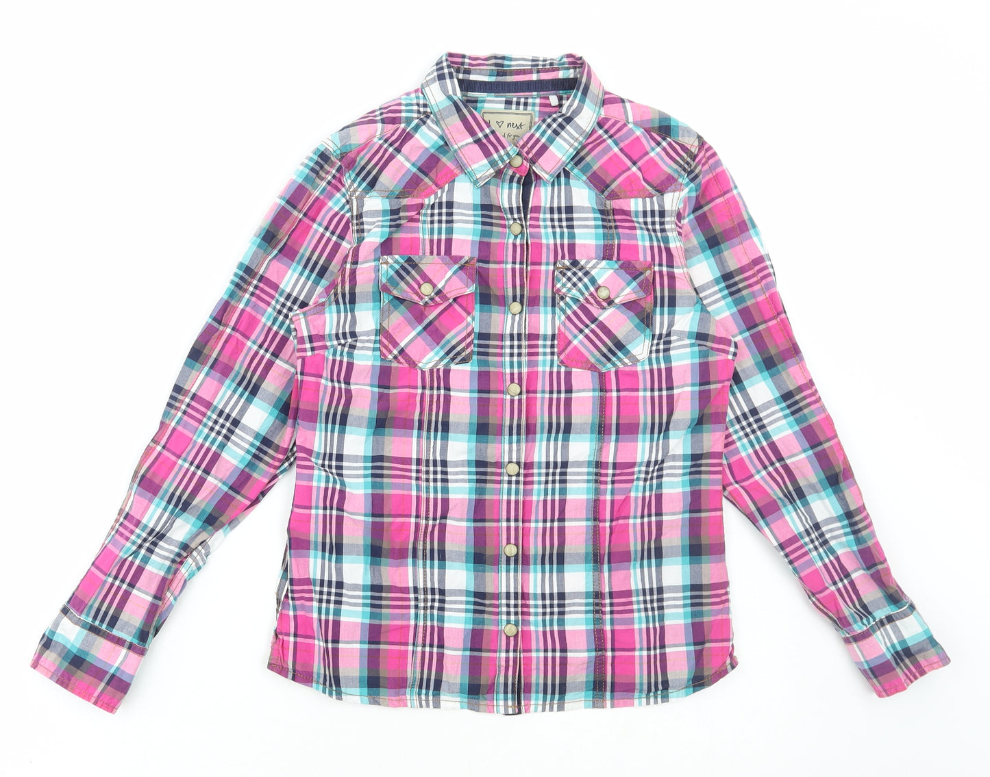 NEXT Girls Pink Plaid Cotton Basic Button-Up Size 11 Years Collared Snap