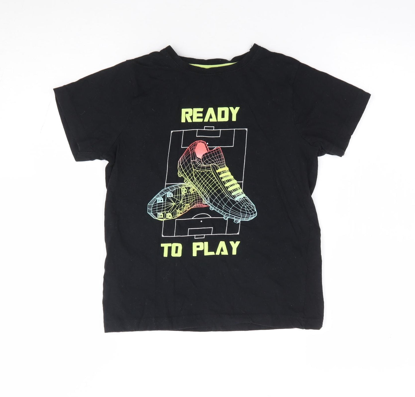 Primark Boys Black Cotton Basic T-Shirt Size 8-9 Years Crew Neck Pullover - Football
