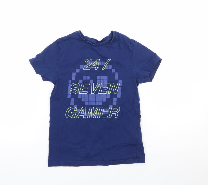 Marks and Spencer Boys Blue 100% Cotton Basic T-Shirt Size 6-7 Years Crew Neck Pullover - Gaming