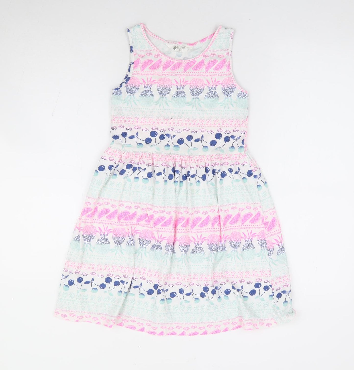 H&M Girls Multicoloured Geometric 100% Cotton Fit & Flare Size 8-9 Years Round Neck Pullover - Fruit Print