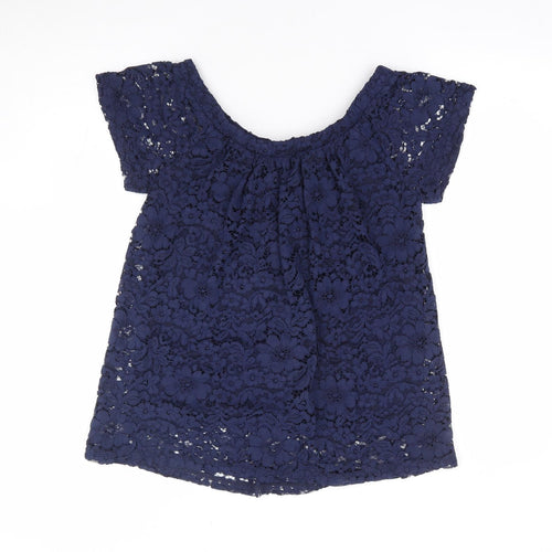 Peacocks Womens Blue Floral Nylon Jersey Blouse Size 10 Off the Shoulder - Bardot