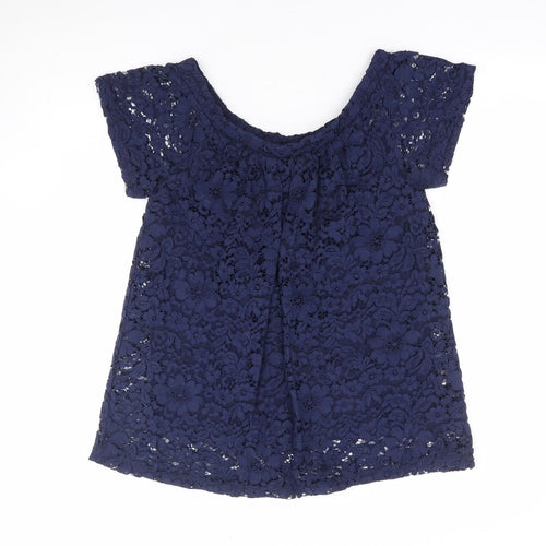 Peacocks Womens Blue Floral Nylon Jersey Blouse Size 10 Off the Shoulder - Bardot