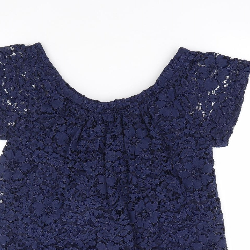 Peacocks Womens Blue Floral Nylon Jersey Blouse Size 10 Off the Shoulder - Bardot