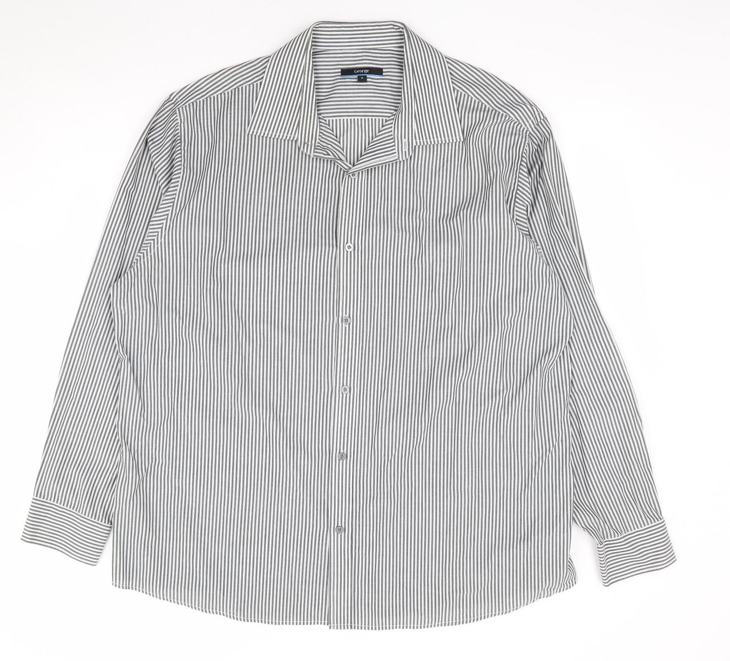 George Mens Black Striped Cotton Dress Shirt Size 18 Collared Button