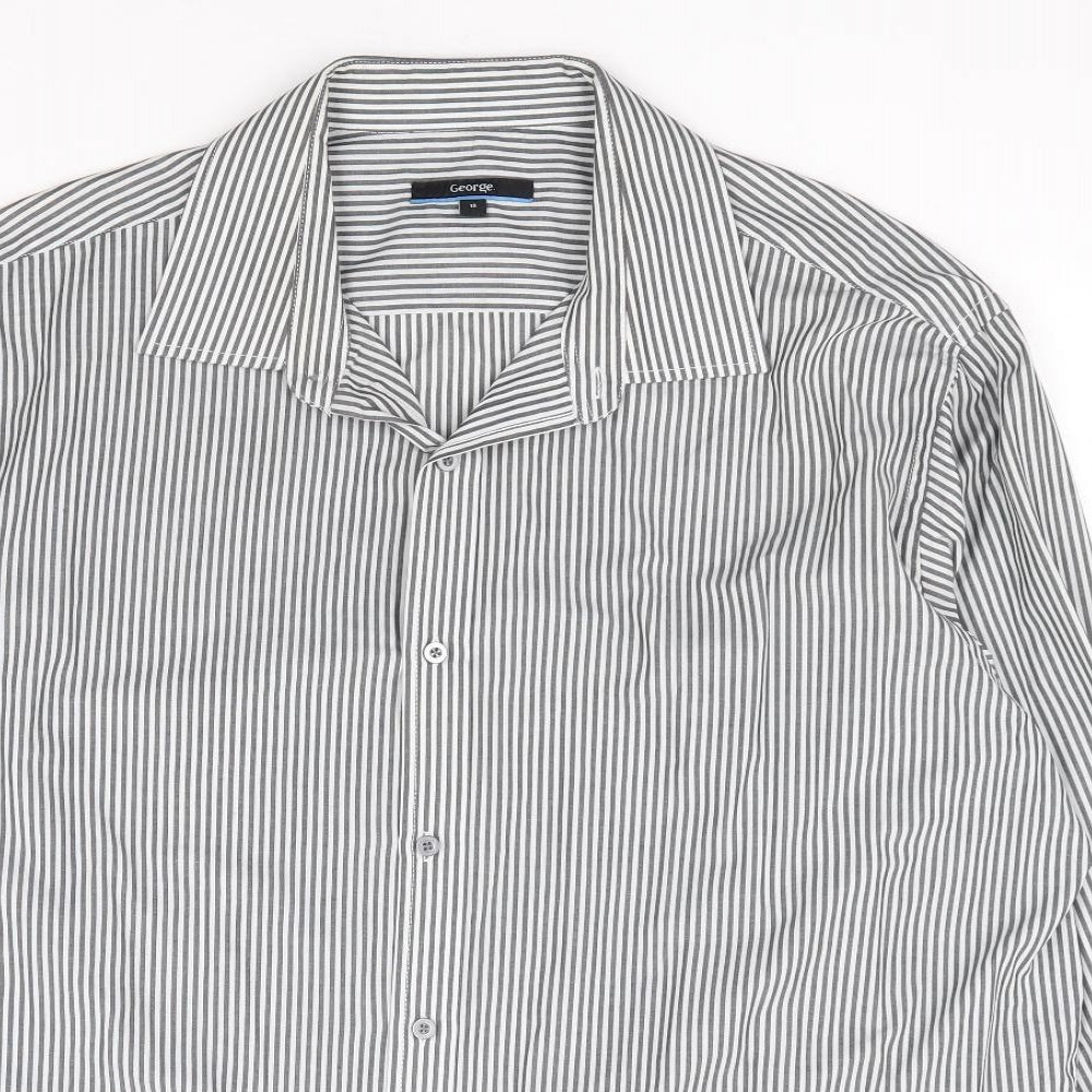 George Mens Black Striped Cotton Dress Shirt Size 18 Collared Button