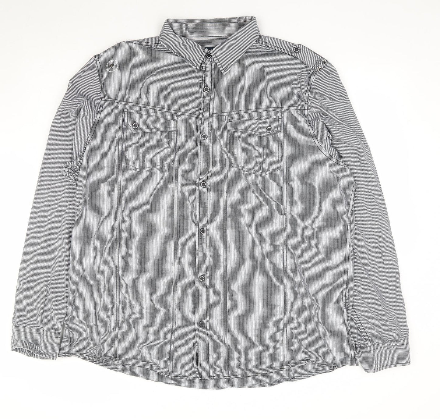 F&F Mens Blue Striped Cotton Button-Up Size 2XL Collared Button