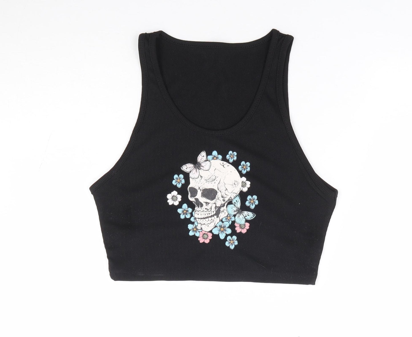 SheIn Womens Black Polyester Cropped Tank Size 10 Round Neck - Skull Butterfly Ribbed