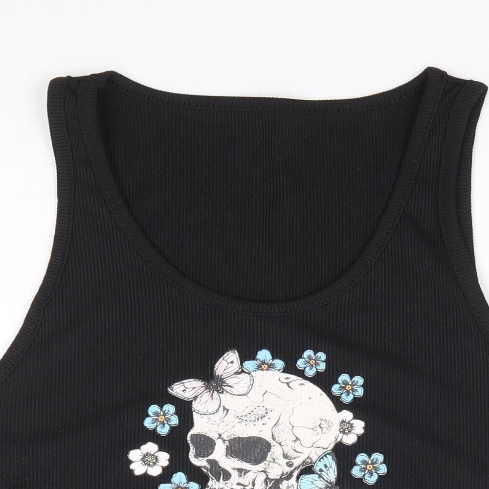 SheIn Womens Black Polyester Cropped Tank Size 10 Round Neck - Skull Butterfly Ribbed