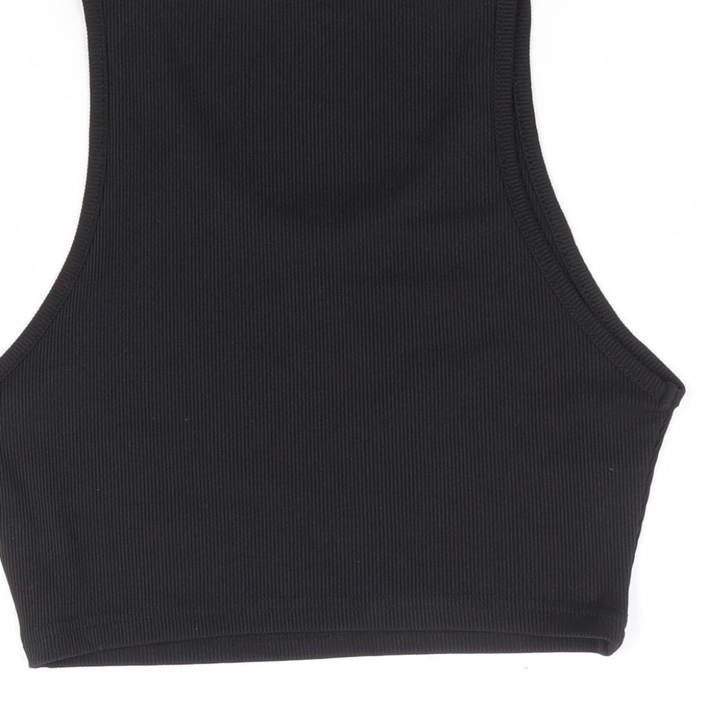 SheIn Womens Black Polyester Cropped Tank Size 10 Round Neck - Skull Butterfly Ribbed