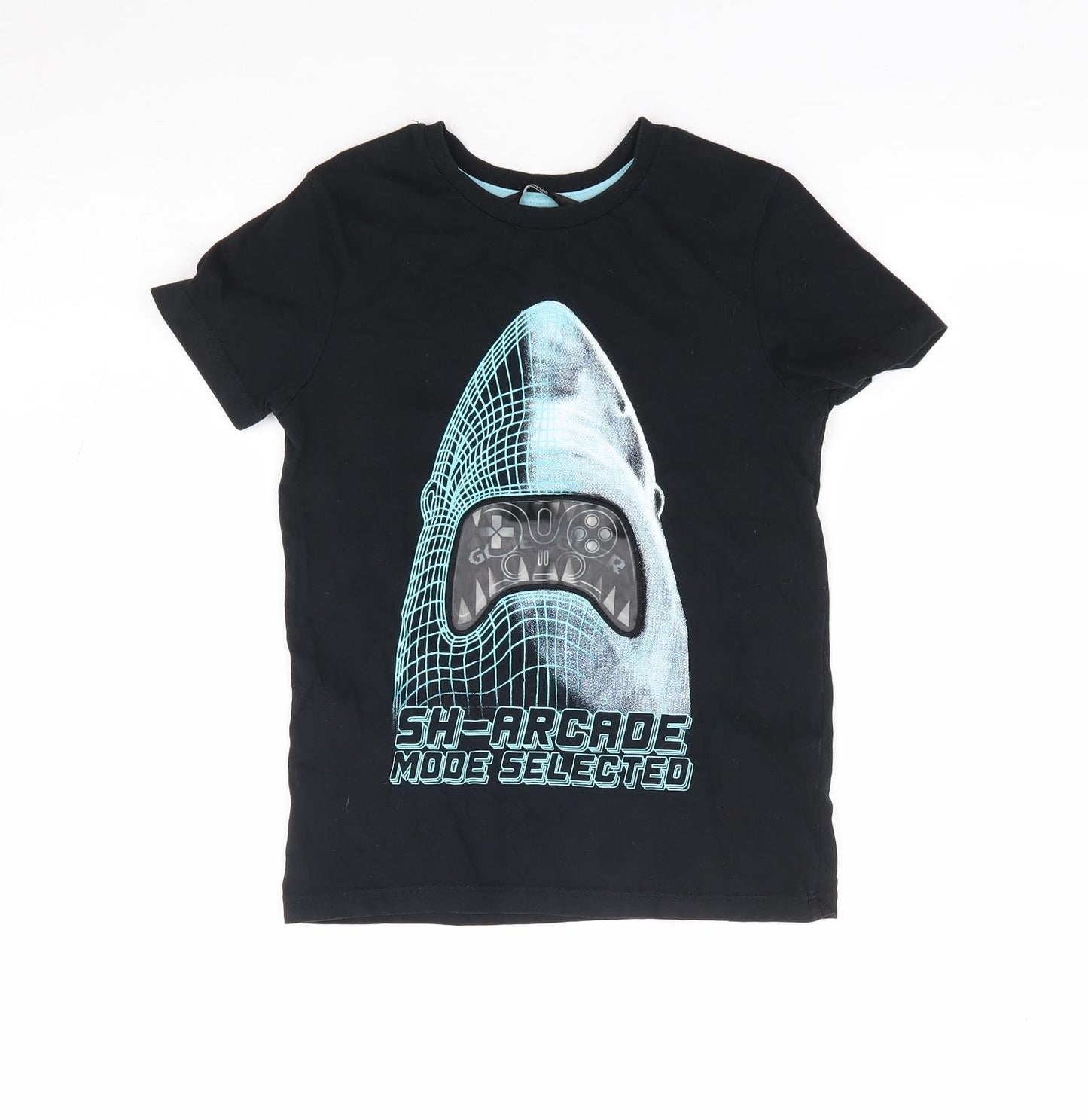 George Boys Black 100% Cotton Jersey T-Shirt Size 6-7 Years Crew Neck Pullover - Shark