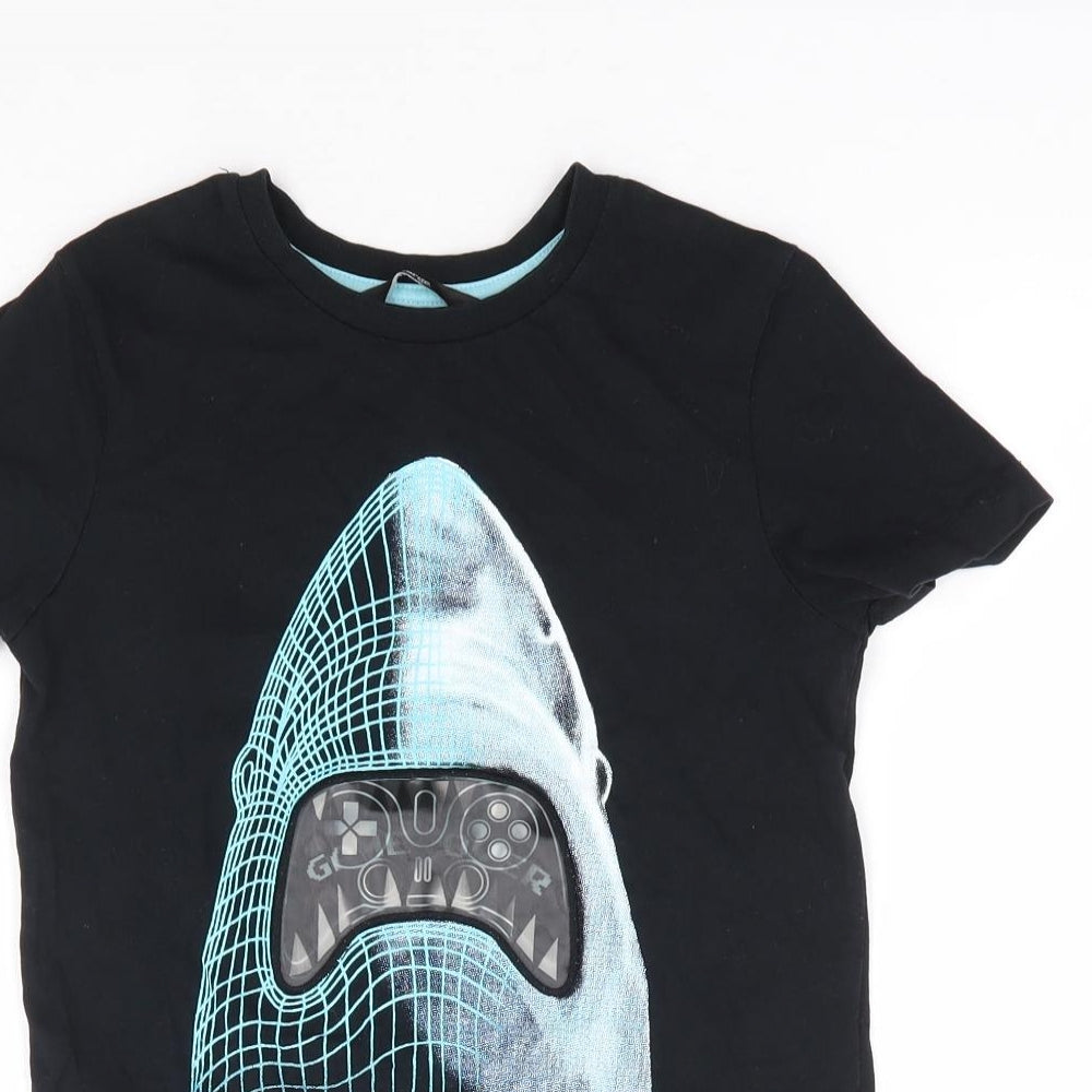 George Boys Black 100% Cotton Jersey T-Shirt Size 6-7 Years Crew Neck Pullover - Shark