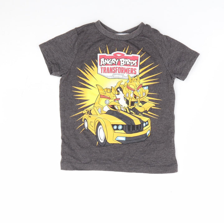 F&F Boys Grey Polyester Basic T-Shirt Size 2-3 Years Crew Neck Pullover - Angry Birds Transformers