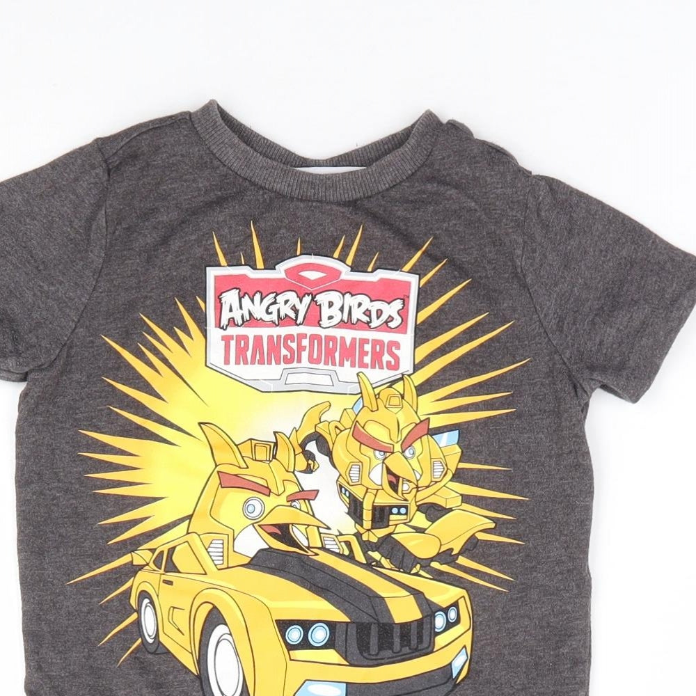 F&F Boys Grey Polyester Basic T-Shirt Size 2-3 Years Crew Neck Pullover - Angry Birds Transformers